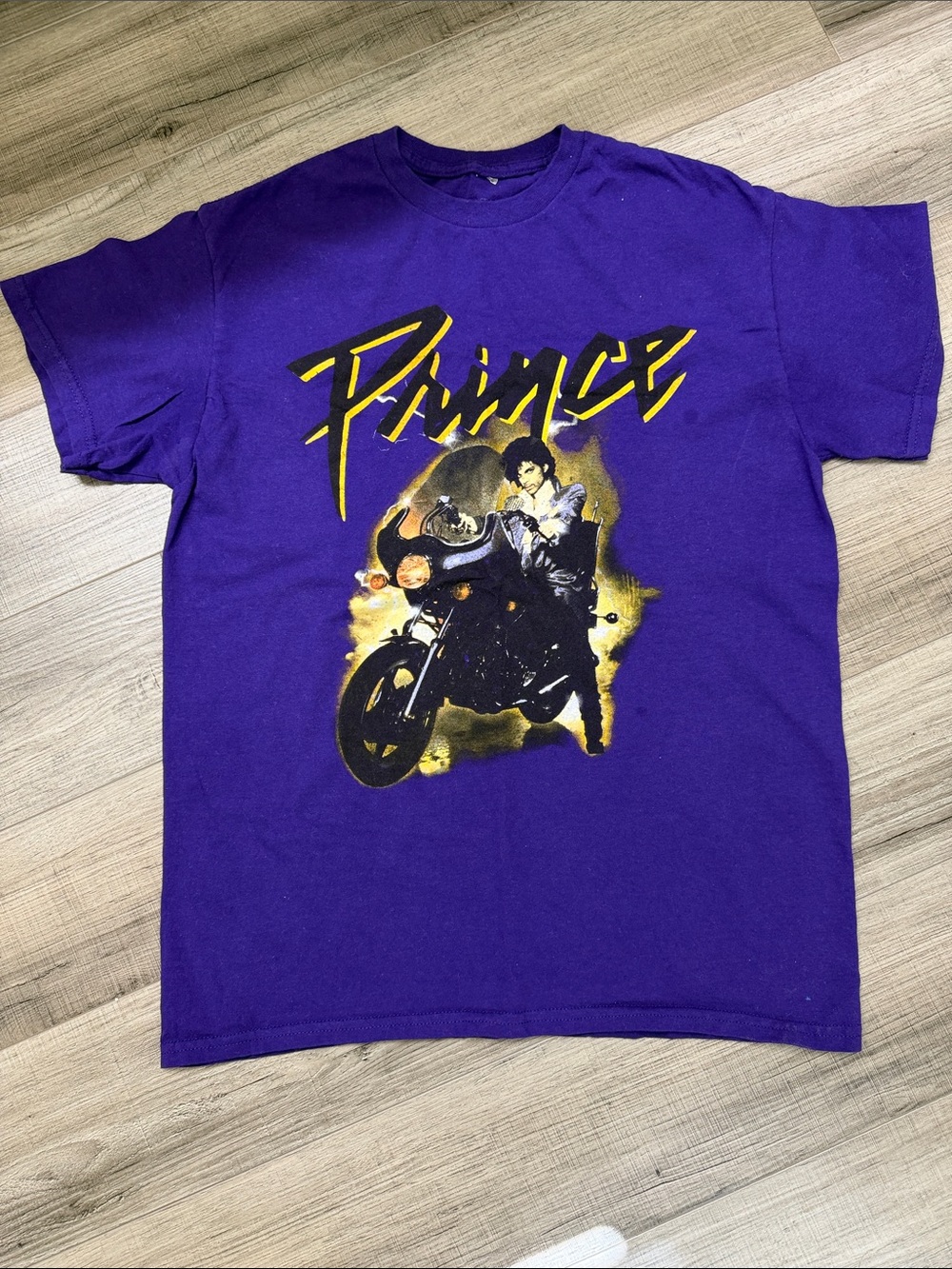 Prince Purple Tee with Yellow Graphic Motorcycle Design